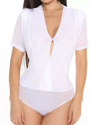 White Mesh Sexy Short Sleeve V-neck Bodysuit Top Size Small S NEW With Tags • £14.64