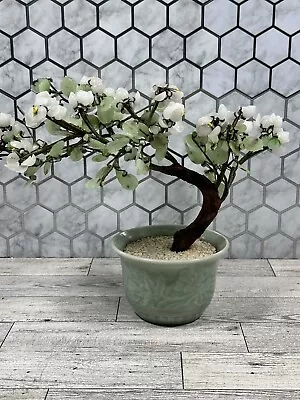 🌟 Vintage 1950s Chinese Glass Jade Bonsai Flower Tree In Celadon Pot 🌸🌳 • $55