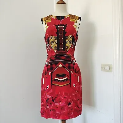 Mary Katranzou Size 10 Fitted Graphic Print Silk Dress Sleeveless Red Gold  • $108.99