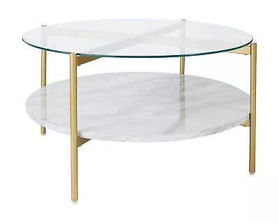 Wynora Contemporary Round Coffee Table With Glass & Faux Marble White & Gold • $200.77