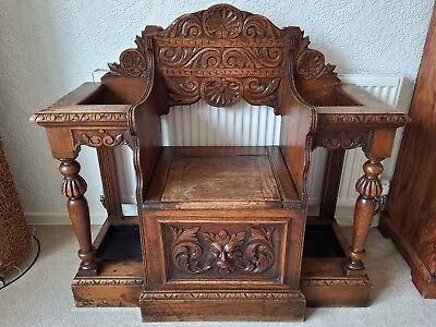 Victorian Carved Oak Hall Settle Seat With Storage And Stick Stands • £375