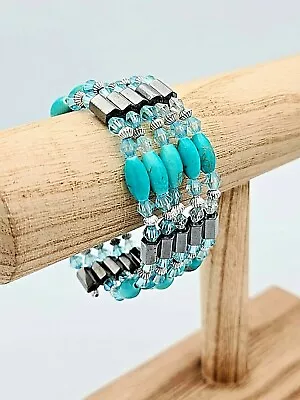 Gold Inlay Turquois Beaded Magnetic Hematite Wrap Bracelet W Blue Crystals • $4