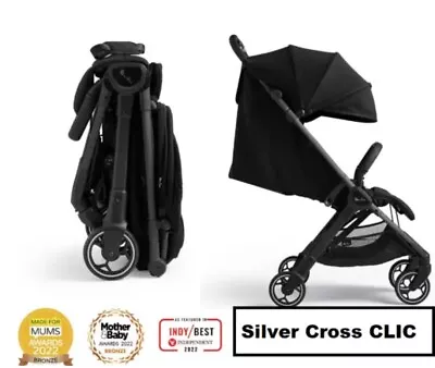 Silver Cross CLIC Stroller Pushchair Foldable Travel Compact Black Light VGC • £169
