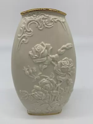 White Embossed Lennox Vase W/Gold Rim Beautiful Christmas Decor 8  T X 4.5 W • $18