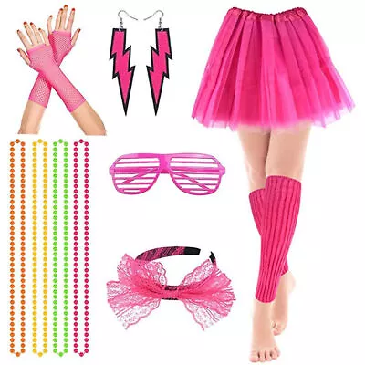 Neon Tutu Set Skirt Gloves Leg Warmers Beads Women 80s Fancy Dress Ladies Girls • $22.13