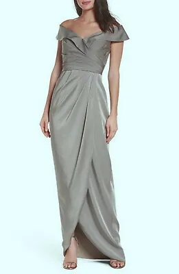 La Femme Pewter Surplice Off The Shoulder Column Gown Size 8 $348 • $89.98