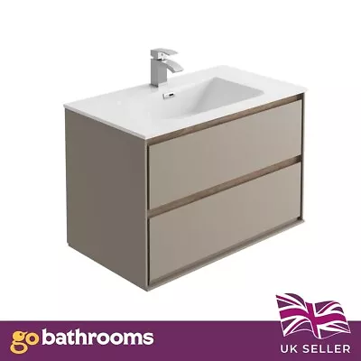 Nessel Matt Grey/Bare Oak Bathroom Wall Hung Vanity Sink Unit Resin Basin 80cm • £369.77