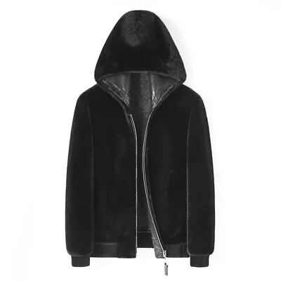 Hooded Mink Fur Jacket Double-sided Men's Casual Short Warm Coats Black Overcoat • $133.50