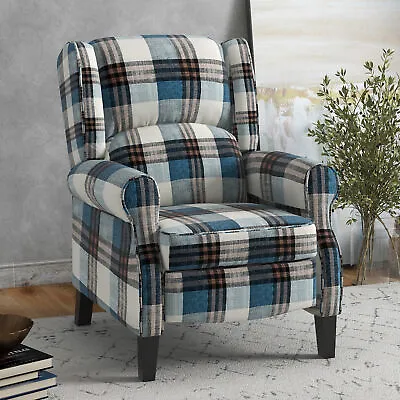 Recliner Armchair Push Back Recliner Chair With Footrest And Wood Legs Blue • £219.99