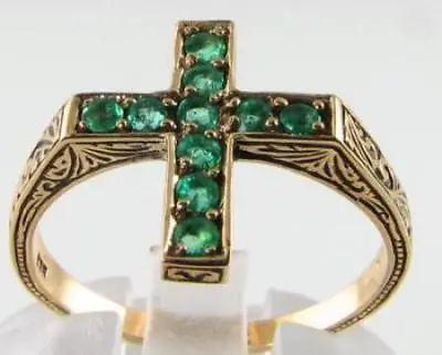 CRUCIFIX 9CT 9K GOLD COLOMBIAN EMERALD RELIGIOUS CROSS ART DECO INS RING Size O • £249