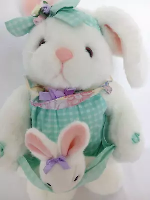 VTG Plush Creations Bunny Mama & Baby Gingham Apron Bow Stuffed Toy 17  • $12