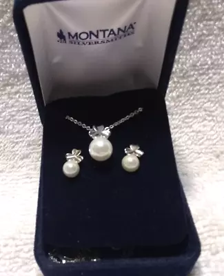 Montana Silversmiths White Pearl Silver Bow Top Silver Chain Jewelry Set W Box • $43.99