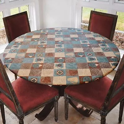 Deluxe Elastic Edged Flannel Backed Vinyl Fitted Table Cover - Global Coffee ... • $25.57