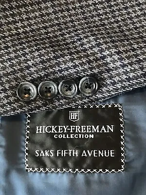 Hickey Freeman Wool Cashmere Navy Royal Blue Houndstooth Blazer SAKs Jacket 43L • $62.99