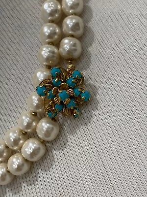 Sign Miriam Haskell Pearl Baroque Turquoise Rhinestone Flower Necklace Jewelry • $305