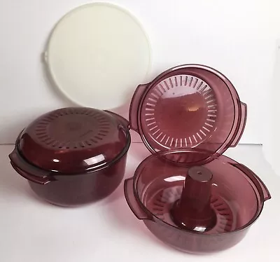 USED 6 Piece Tupperware Stack Cooker Steamer Cranberry Red Microwave Set Plastic • $34.99