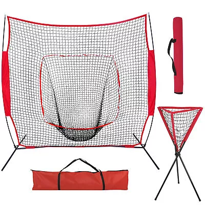7'×7' Baseball Softball Practice Batting Net Bow Frame W/Red Bag & Ball Caddy • $62.58