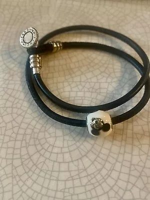 Pandora Black Leather And Sterling Silver Wrap Bracelet With Mickey Mouse Charm • $45