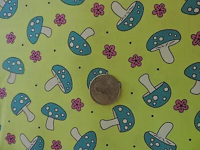 100% Cotton Fabric - Andover Mushrooms On Green - By The Yard • $5.25