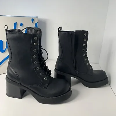 New Vintage Candies Blk Leather Combat Platform Chunky 90s Y2K Lace Up Boots 9M • $250