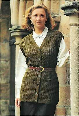 Ladies Long Waistcoat Sleeveless Cardigan Pockets  KNITTING PATTERN DK 32 - 42  • £2.15