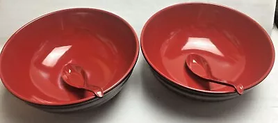 Red & Black 2 X Melamine Large Chinese Asian Dinner Bowls 22 Cm Dia +2 Spoons • £13.90