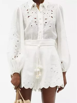 ZIMMERMANN White Blouse Shirt Lace Broderie Anglaise Croche Macrame Size 0 XS S • $559