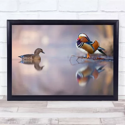 Mandarin Duck Meeting Duckling On Lake Cute Birds Landscape Wall Art Print • £9.99