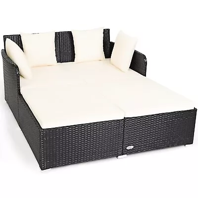 Rattan Garden Daybed Furniture Set Patio Sun Bed 2 Seater Lounger With Cushions • £199.95