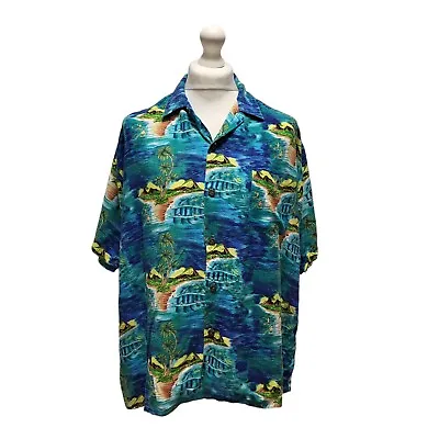 Ocean Current Green & Blue Palm Tree Print Short Sleeve Hawaiian Shirt UK Mens L • £6.99