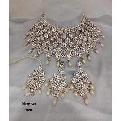 Indian Bollywood Kundan AD/CZ Choker Necklace Bridal Gold Plated Jewelry Set • $36.89