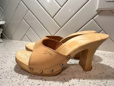 Vintage 1980's Candies Honey Tan Leather Sexy High Heels Sandals Slides 6 / 37 • $99.99