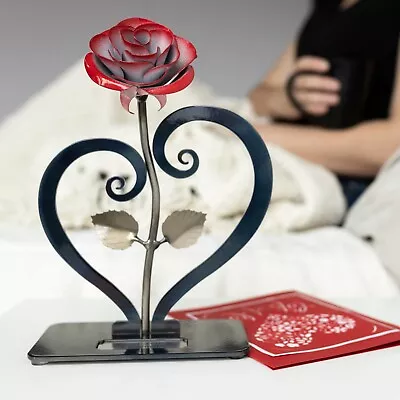 Red Metal Rose With Heart-Shaped Stand - Iron Anniversary Gift • $58.38