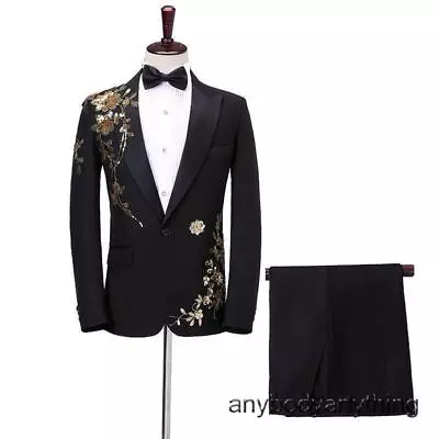 2PC Suit Mens Sequins Dress Blazer Pants Bow Tie Belt Slim Fit Formal Costume • $57.30