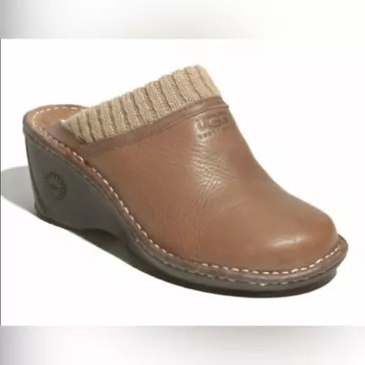 UGG - Gael Leather Shearling Lined Wedge Clogs 9 40 Tan Slides Wool • $35