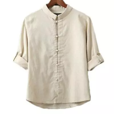 Spring Autumn Men Linen Cotton Shirt Mandarin Collar Traditional Chinese Style • $19.52