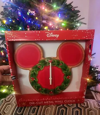 MICKEY MOUSE Christmas Cookie Wreath WALL CLOCK Rare Die-Cut Metal NEW  • $49.90