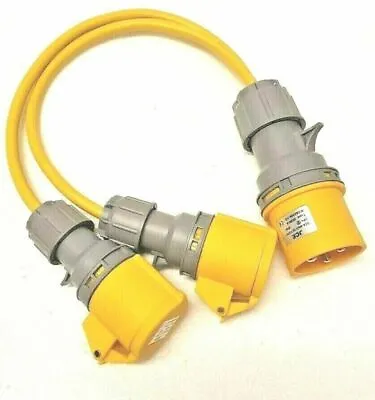 32A Plug To 2 X 16A Sockets. 1.5mm Arctic Yellow 110V Power Splitter - 0.5M • £23.20