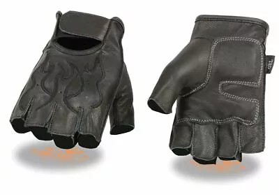 Black Leather FINGERLESS Gloves FLAMES Gel Palm Motorcycle Biker Rider Work Soft • $11.90