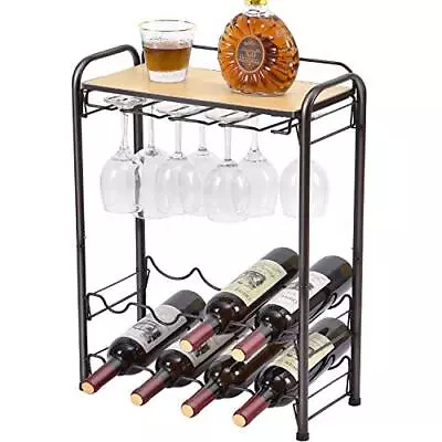 8 Bottle Wine Rack Freestanding Floor Metal Wine Storage Shelf With Glasses Hold • $27.95