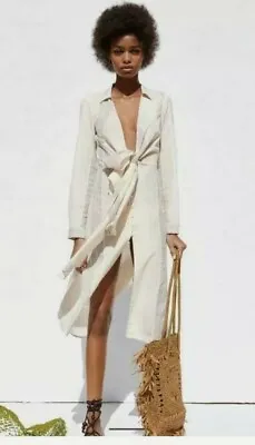 £22.99 • Buy Zara Beige Striped Midi Shirt Dress Tie Front Cotton Round Hemline Size Small