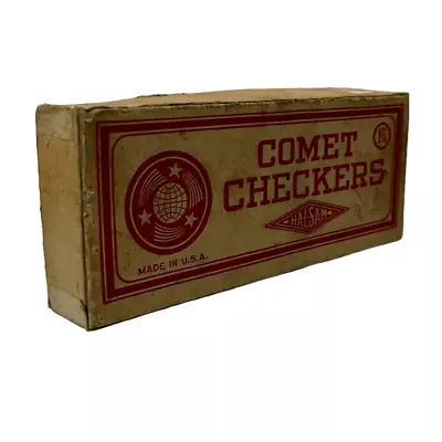 Halsam Comet Checkers Embossed Wood Set Original Box 30 Count Red Black Vintage • $18.14