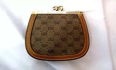 $65 • Buy Gucci Monogrammed Fabric And Leather Kisslock Coin Purse Vintage