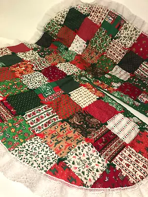 Vintage Christmas Patchwork Quilt Tree Skirt Ruffle Lace Handmade / Homemade • $19.95