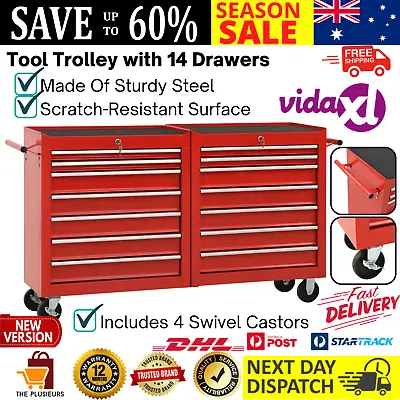 Tool Trolley With 14 Drawers Steel Workshop Garage Mechanics Storage Organizer • $675.32