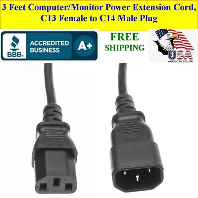 Computer And Monitor Power Extension Cord C13 To C14 10A 3Ft Cable • $8.95