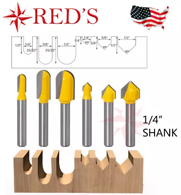 $9.99 • Buy REDS Y72014-4 -6 Piece V Groove And Roundnose Template Router Bit Set 1/4  Shank