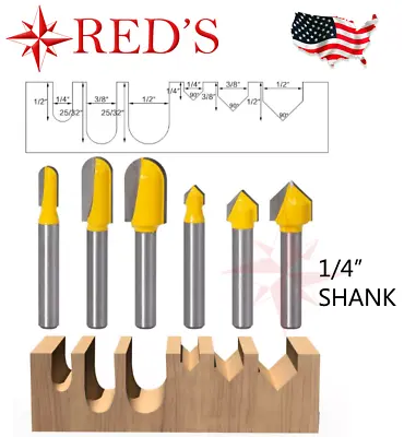 REDS Y72014-4 -6 Piece V Groove And Roundnose Template Router Bit Set 1/4  Shank • $9.99