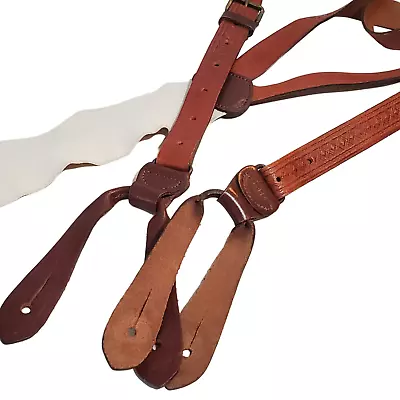 Vintage Trafalgar Brown Embossed Diamond Leather Belt Button Suspenders Braces • $49