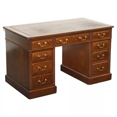 Edwardian Maple & Co Pedestal Writing Desk Distressed Brown Embossed Leather • $3419.21